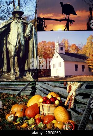 1970ER MONTAGE VON THANKSGIVING SYMBOLISCHE BILDER STATUE VON PILGER TÜRKEI SILHOUETTE KIRCHE ERNTE STILLLEBEN VON SPLIT RAIL ZAUN - KM5910 HAR001 HARS THEMA SCHIENE RELIGIÖSE PILGER AUSSEN HERBST SAISON VON DANKBAR KONZEPT DONNERSTAG KONZEPTIONELLE STILLLEBEN NATIONALEN FEIERTAG GLÄUBIGEN DANKBARE BILDER SYMBOLISCHE KONZEPTE GLAUBE NOVEMBER HERBSTGLAUBE FALLEN BELAUBUNG HAR001 ALTMODISCHE DARSTELLUNG Stockfoto