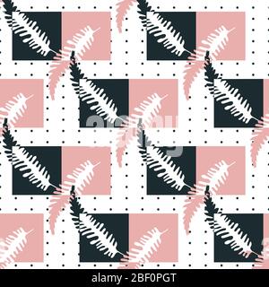 Abstrakter Farn Blätter Vektor nahtlose Muster Hintergrund. Geometrische Waldpflanze Wedel auf Polka Punkt Hintergrund. Elegantes, modernes botanisches Blattdesign Stock Vektor