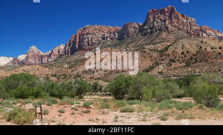 Bridge Mountain, The Watchman and Johnson Mountain im Zion National Park, Utah, USA. Stockfoto