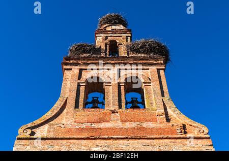 Störche nisten auf dem Glockenturm der Kirche "Iglesia de Purificación" in Hospital de Órbigo, einem kleinen Dorf in der Provinz León, Kastilien Stockfoto