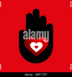 Schwarzes Hand-Symbol mit Abbildung eines volumetrischen roten Herzens auf rotem Hintergrund. Konzept der Liebe, Hochzeit, Valentinstag Stock Vektor