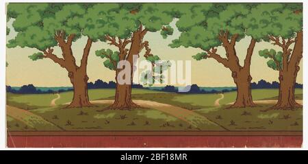 Frieze. Landschaftsfries; flache Wiese mit Hügeln in weiter Ferne; wiederholende Paar Eichen im Vordergrund. Gestempelt am oberen Rand: Gledhill Wall Paper Company. New York, NY; auf der Rückseite: Frieze No. 1242 AA / 30 Inch Ingrains. --WR Stockfoto