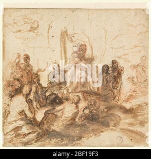 Design für Allegorie der göttlichen Weisheit Empfangsraum Palazzo Barberini Rom Italien. Entwurf für ein Deckengemälde. In der Mitte sitzt eine Figur über einer Gruppe anderer Figuren, die alle auf die erhöhte Figur fokussiert zu sein scheinen. Links zwei weibliche Formen. Oben links, Putti empfohlen. Stockfoto