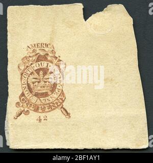 1p Stamp Act von 1765 Proof. Der Sieg Großbritanniens im Siebenjährigen Krieg (1756-1763) führte zur völligen Niederlage Frankreichs und Spaniens als Kolonialmächte in Nordamerika. Stockfoto