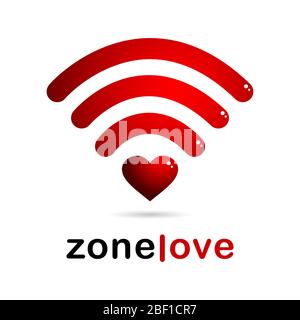 WiFi-Schild mit einem roten Herzen und der Inschrift ZONE LIEBE auf einem weißen Hintergrund, isoliertes Objekt. Vektor Stock Vektor