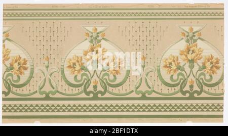 Frieze. Jugendstil. Abwechselnd große und kleine stilisierte grüne Scroll Medaillons. Im Inneren der großen Medaillons sind große Blumensträuße von gelben Blumen. In jedem kleinen Medaillon ist eine einzigartige Blume. Stockfoto