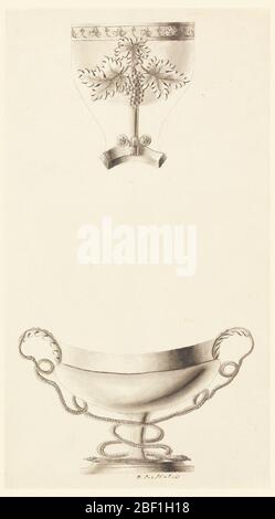 Designs für zwei Tassen. Oben eine Tasse auf einer Basis, die in Löwenfüßen und Blumenmedaillons endet. Die Schale ist mit Weinrebe verziert und um den Rand herum mit einem stilisierten Blattmotiv umkreist, das sich im Wechsel wiederholt. Stockfoto