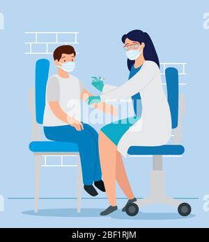 Doktor weiblich impfen zu Junge in Sprechzimmer Stock Vektor