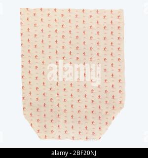 Textil. Klein gemustertes Design eines Mannes mit einer Bowling-Kugel und drei Pins. Gedruckt in rot auf weißem Grund. Stockfoto