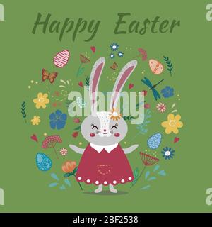 Niedlicher Hase auf dem Hintergrund von Blumen, Eiern, Schmetterlingen. Bildunterschrift: Frohe Ostern. Flacher Stil. Lustiges Osterhasen. Stock Vektor