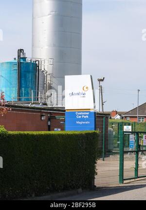 Glanbia Logo und Schild vor der 24/7 Käseverarbeitungsanlage bei Glanbia Cheese Ltd in Magheralin. Stockfoto