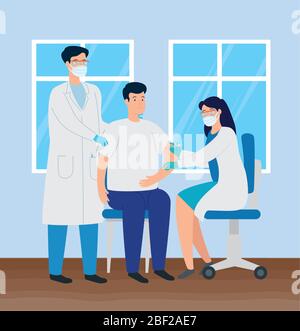Ärzte impfen, um junge Mann in Sprechzimmer Stock Vektor