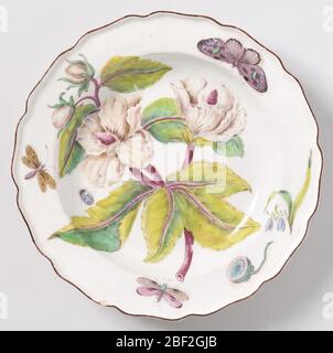 Platte. Eine Platte mit einem gewellten, braunrandigen Rand, bemalt mit einem großen Spray der Blätter, Blüten und Knospen eines Hibiskus (Ketmia syrorum), mit einem Samenpad und verschiedenen Insekten. Stockfoto