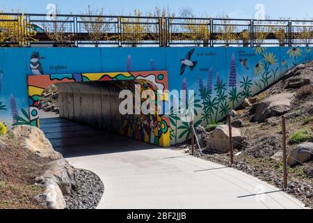 Farbenfrohe Kunstwerke auf der Überführung des River Park in Bend, Oregon. Stockfoto