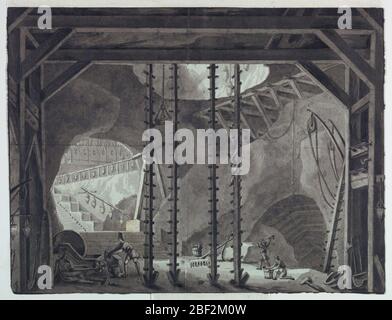 Bühnenbild Männer Bau Gebäude in Höhle. Horizontales Rechteck. In der Höhle bauen Arbeiter Treppen und Gebäude. Verschiedene Arten von Werkzeugen, Riemenscheiben und Installationen im Vordergrund, Treppen führen nach oben links. Zwei Paar männliche Figuren links und rechts. Stockfoto