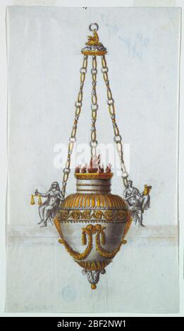 Altarlampe. Vertikales Rechteck. Design für eine Lampe; der Hauptteil des Körpers mit Girlanden in der Vorderseite von zwei Cherubim unterstützt. Links, allegorische Figur der Gerechtigkeit, und rechts der Stärke, sitzen auf Voluten, hinter den Figuren sind Ketten befestigt. Stockfoto