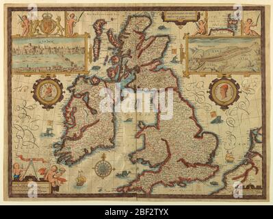 Karte der Britischen Inseln. Im Zentrum der Britischen Inseln und an beiden Seiten mit Blick auf London und Edinburgh. Königliche Wappen und Siegel enthalten. Unten links, Maßstab von Meilen in einem Rahmen mit Putti verziert. Verso: Zwei Seiten aus dem Buch, in dem die Karte veröffentlicht wurde. Stockfoto