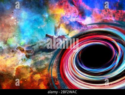 Deep Space Look. Schwarzes Loch in hellen Farben nahe weit entfernten Galaxien und Sternen. Science Fiction. Elemente dieses Bildes wurden von der NASA bereitgestellt. Stockfoto