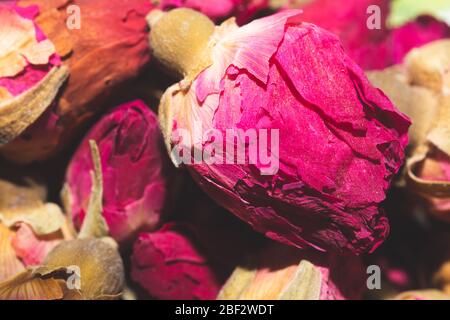 Getrocknete Rosenblüten aus nächster Nähe. Kräutertee-Zutat Stockfoto