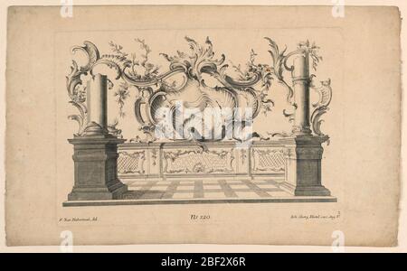 Rocaille-Motive und Dados aus dem Set Nr. 120. Platte 1. Ein Dado mit einem konvexen Mittelteil. Zwei Säulen und Rocaille-Motive erheben sich daraus. Stockfoto