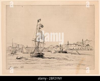 Entree du Port de Honfleur Eingang zum Hafen von Honfleur. Ein Hafen-Blick. Ein großes Segelschiff im Vordergrund; links ein Ruderboot; in der Mitte zwei Segelboote. Im Hintergrund sind Häuser mit einem Hügel links, dahinter Bäume. Stockfoto