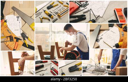 Collage von Fotos mit verschiedenen Werkzeugen und Handwerker Montage von Möbeln in der Werkstatt Stockfoto