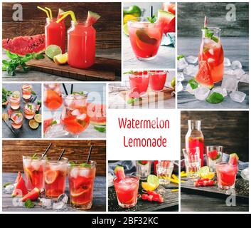 Collage aus Fotos mit frischer Wassermelone Limonade Stockfoto