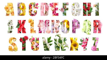 Englische Alphabet Buchstaben mit schönen Blumen auf weißem Hintergrund Stockfoto