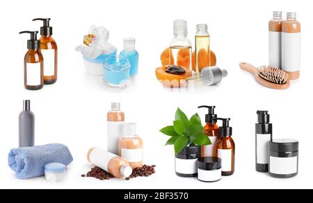Set von verschiedenen kosmetischen Produkten auf weißem Hintergrund Stockfoto
