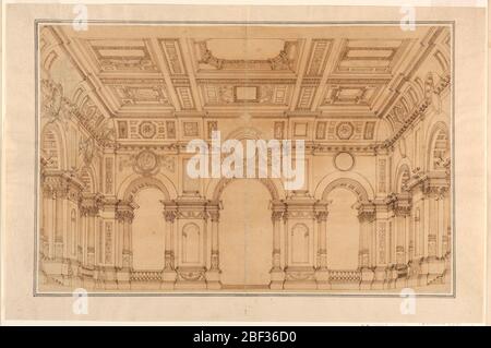 Zimmer in einem Palast. Horizontales Rechteck. Blick in die hohe Halle von Säulen, zwischen denen Nischen mit Medaillons oben unterstützt. Aufwändig dekorierte Decke. Stockfoto