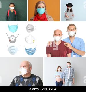 Collage aus Fotos mit verschiedenen Menschen, die Schutzmasken tragen. Konzept der Epidemie Stockfoto