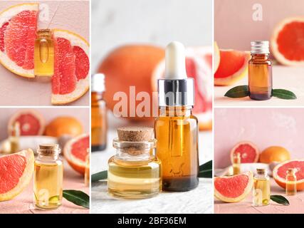 Collage von Fotos mit ätherischem Öl aus Grapefruit Stockfoto