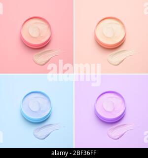 Gläser Creme auf farbigen Hintergrund Stockfoto