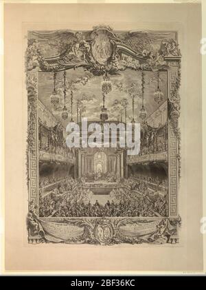 Decoration de la Salle de Spectacle. Dekorationen des Spektakels der Grande Ecurie in Versailles für ein Fest zu Ehren der Fistehe des Dauphin, 24. Februar 1745. Die Kammer ist an einem Ende mit einer Bühne ausgestattet, gefüllt mit Zuschauern, die eine Aufführung beobachten. Stockfoto