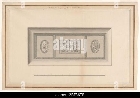 Entwurf für die Oblong Gipsdecke für die First Hall Carlton House Pall Mall London England. Horizontales Format für eine längliche Gipsdecke. Draußen, ein gewölbter Streifen. Ein geformter Rahmen umgibt zwei seitliche vertikale Rechtecke und ein zentrales horizontales. Stockfoto