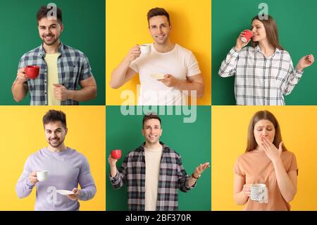 Collage aus Fotos mit jungen Menschen, die heißen Kaffee trinken Stockfoto