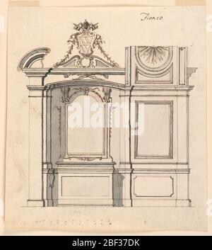 Entwurf für einen Altar. Entwurf für einen Altar, Höhenansicht. In der Mitte des gebrochenen Giebels befindet sich ein kleiner Ausschnitt für das Wappen eines Prälaten (Pfarrer/Bischof). Oben ist das größere Wappen von Papst Clemens XII. (1730-1740) mit Girlanden, die auf jeder Seite herabhängen. Stockfoto