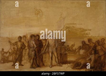 Die Landung von Columbus. Dieses Gemälde ist eine Ölskizze für die Landung von Columbus in der Rotunde des Kapitols der Vereinigten Staaten. Stockfoto