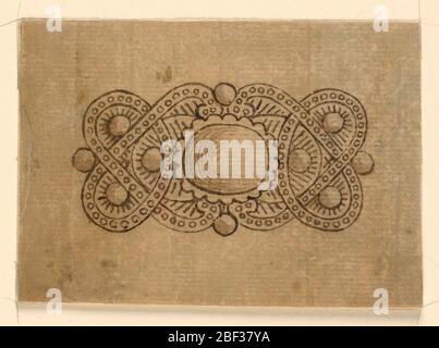 Design für eine Brosche. Schmuckdesign für eine Brosche. Ein Escutcheon wird durch verschränkte Bänder mit Reihen von runden Diamanten gebildet. Außen und innen sind große runde Diamanten. In der Mitte ein großer ovaler Diamant, in einer Calix gehalten. Stockfoto