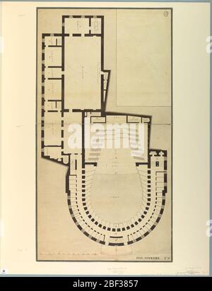 Wettbewerb Design für La Fenice Venedig Plan des oberen Stockes des Theaters. Plan der oberen Etage des Theaters mit hufeisenförmigen Abschnitt am unteren Rand des Bildes. Stockfoto