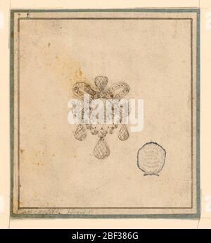 Brosche. Ein runder Diamant ist von kleinen umgeben. Oben eine Rolle eines Bandes mit einer Reihe kleiner Diamanten. Ein Schwamm mit drei Tropfen unten. Stockfoto