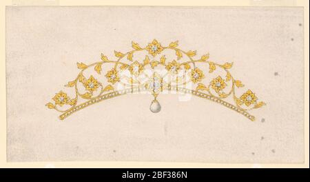 Design für einen Coronet. Horizontales Rechteck. Design für eine kleine Krone oder Tiara, die in Gold mit weißen Diamanten ausgeführt werden soll. Zweige mit Blättern und Blüten wie Rosetten mit einem Diamanten in der Mitte. Stockfoto