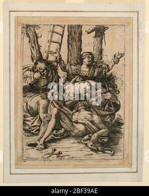 Die Klage. Die beiden Marys und der hl. Johannes trauern um den toten Christus am Fuße des Kreuzes. Stockfoto