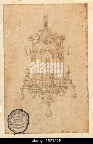 Design für einen Anhänger mit sitzender Frau mit Buch. In einer Nische sitzt eine Frau, die in ihrem Schoß ein Buch unterstützt. Strahlen um ihr Buch. Unten drei Tropfen. Stockfoto