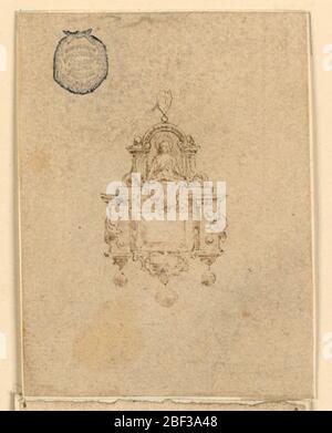 Design für einen Anhänger mit Frau auf dem Thron. Eine Frau, die unter einer Volute sitzt. Unten ein länglicher Diamant mit architektonischem Rahmen. Drei Edelsteine fallen darunter. Stockfoto