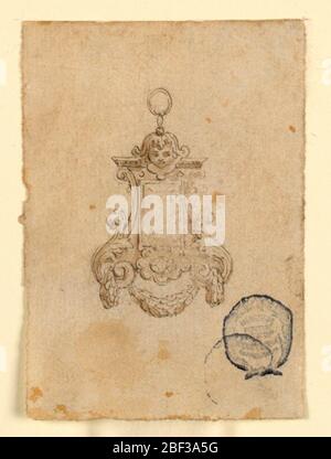 Design für einen Anhänger mit Blattvoluten und Childs Head. Ein länglicher Diamant mit architektonischem Rahmen. Oben eine Maske und ein Ring. Unten Voluten, Rosette und Festoon. Stockfoto