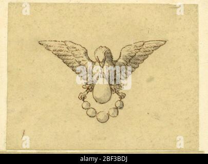 Design für eine Brosche. Schmuckdesign für eine Brosche. Ein fliegender Adler, Flügel geöffnet, mit seinem Schnabel einen tropfenförmigen Diamanten und in seinen Krallen eine Kette von fünf runden Diamanten, von vorne gesehen. Stockfoto