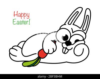 Cartoon Kaninchen lügt und isst eine Karotte. Konturdesign eines osterhasen. Symbol für Websites auf weißem Hintergrund. Isoliertes Objekt Stock Vektor