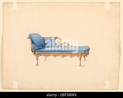 Design für ein Sofa im Gothic Revival Stil. Couch im Gothic Revival Style, braunes Holz, Rosetten auf den Beinen, Gothic Design auf Schürze um den Sitz; blau gepolstert mit einer Rolle und einem Kissen. Stockfoto