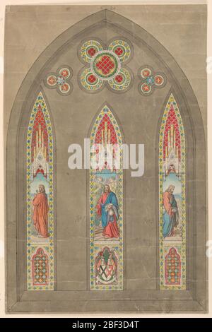 Design für Buntglasfenster. Drei hohe vertikale Paneele mit Spitzbögen, jede mit Figuren. Drei Zierblenden oben. Figuren in Farbe, die restlichen Details in Graphit. Wappen von Graham Somervell unter der Mittelwand. Stockfoto